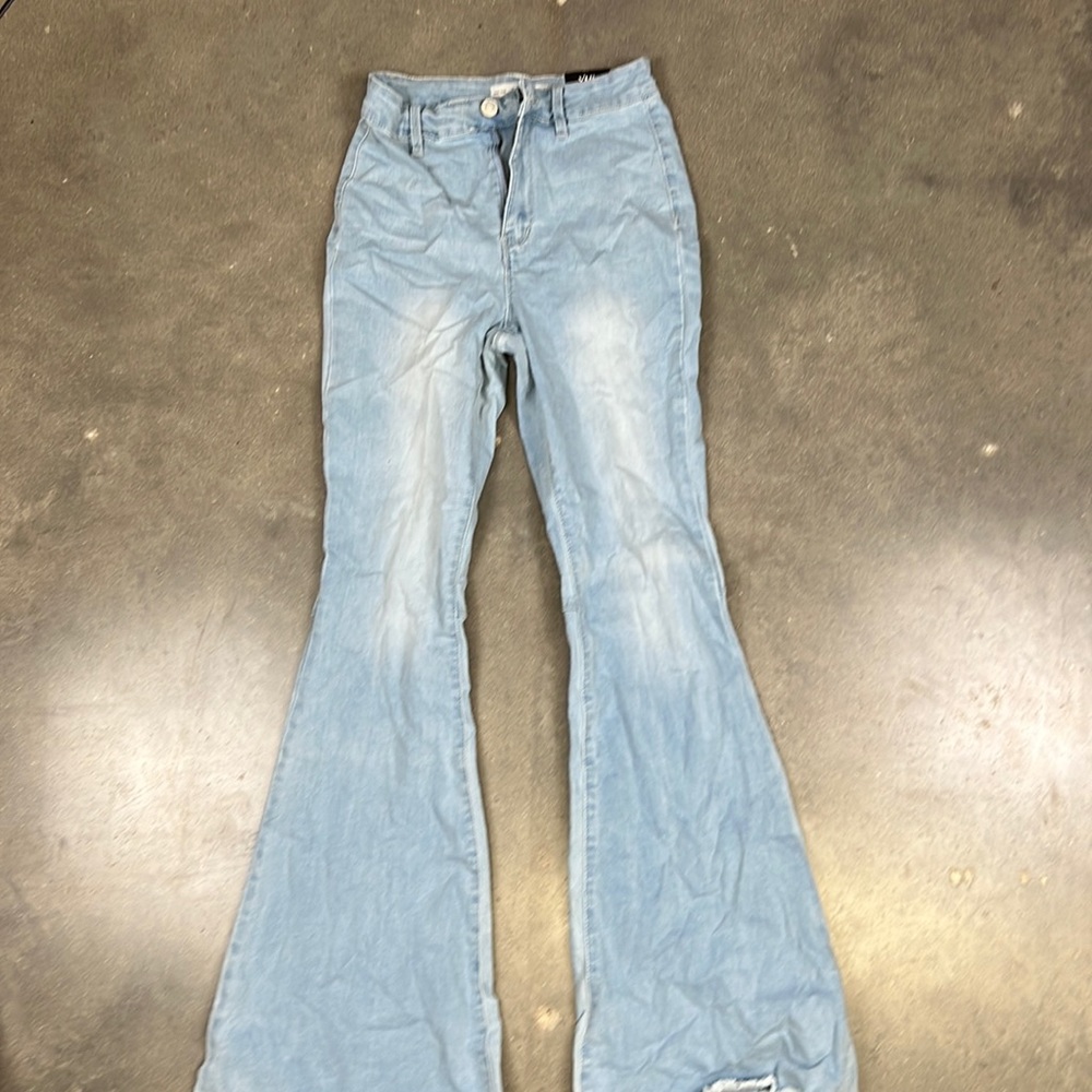 High Rise Light Blue Jeans Fringed Bell Bottoms